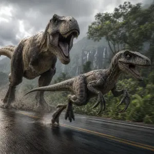 bliží se dinosaři raptor a za ním běží obr tyranosaurus rex, řev a nastražéné drápy, běží po asfaltové cestě směr vpravo