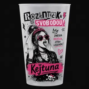 festivalový design vratného kelímku ale na rozlučku se svobodou pro nevěstu, ve stylu rock/punk, jméno nevěsty: Kejtuna