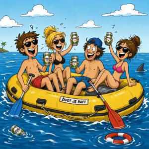 Čtyři lidi 2 holky 2 kluci na raftu, kreslený vtipný obrázek, pijí pivo, všude voda,