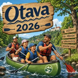 Vodácký motiv s uvedením Otava 2026, můžou být na obrázku děti a tatínci