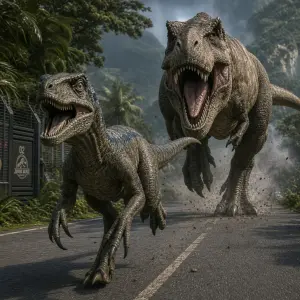bliží se dinosaři raptor a za ním běží obr tyranosaurus rex, řev a nastražéné drápy běží po asfaltové cestě ven z obrazu