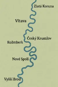 Reálná mapka Vltavy s označením a názvem míst - Vyšší Brod, Rožmberk, Nové Spolí, Český Krumlov, Zlatá Koruna