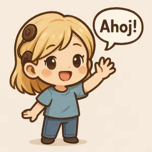 Kochleární implantát hnědé barvy. Blond vlasy. Chibi style. Vítá nové lidi.