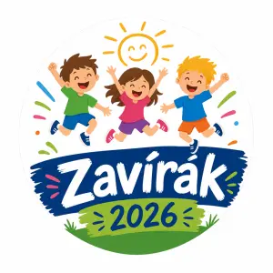 jednoducha ikona detske akce louceni s prazdninami, s nazvem akce "Zavírák 2026". Muze vyniknout energicnost dětí