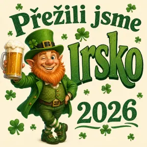 Nápis přežili jsme Irsko 2026. Obrázek leprikona s pivem a malé ctyřlístky.
