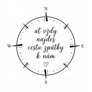 Kompas v jednoduchém černobílém provedení kolem nápis ať vždy najdeš cestu zpátky k nám