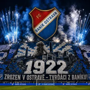 Zkus mě vytvořit obrázek ve stylu fotbalového klubu banik ostrava kde bude pyrotechnika, logo klubu, choreo ,1922