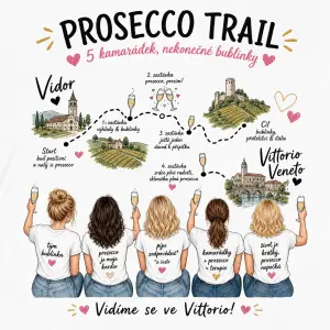 Legrační tričko pro pět kamarádek, které jdou prosecco trail v Itálii z Vidor do Vittorio Veneto, plánek cesty,skleničky