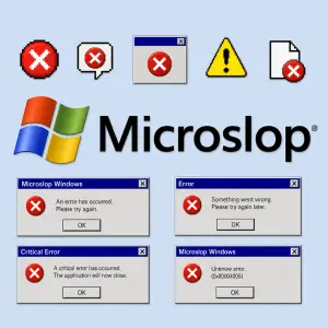 chybové ikony WindowsOS a nápis Microslop