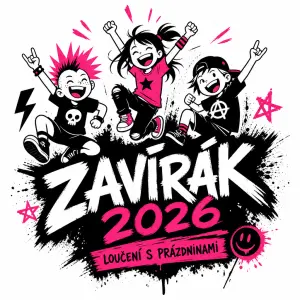 Jednoducha punkova ikona detske akce louceni s prazdninami, s nazvem akce "Zavírák 2026". At vynikne energicnost dětí.
