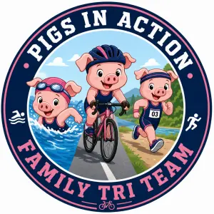 A circular sports emblem logo for a family triathlon team. Inside the circle, three cute cartoon pigs are performing tri