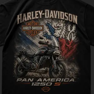 chtěla bych triko harley Davidson, motorka Pan Amerika 1250S, s českým lvem v trikoloře