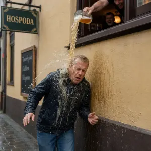 čtyricetiletý muž, světle krátke vlasy,modré oči, prochází pod oknem hospody, z okna ho můž poleje pivem