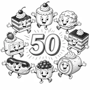 Skupina rozesmátých retro zákusků v kruhu kolem číslovky 50, retro kresba, provedení bez barevného pozadí