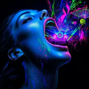 Jeste hlava zaklonena s otevrenou pusou a v ni trance party motiv neonove barvy modra,zelena,ruzova..