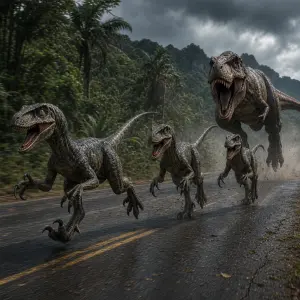 bliží se dinosar tři raptoři a za nimi běží tyranosaurus rex, řev a nastražéné drápy, běží po asfaltové cestě směr vlevo