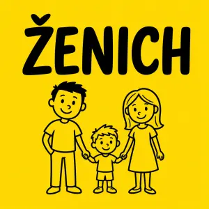 Černý nápis ŽENICH s kreslenou rodinou (otec, malý kluk, matka) pod nápisem. Celé ve žluté pozadí.