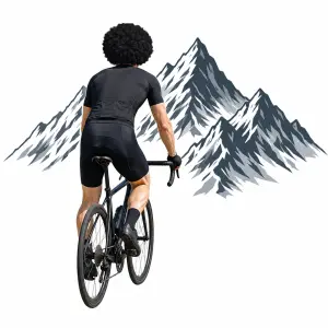 Grafika,, muž běloch sportovec, jede na kole, na hlavě ma afro paruku, postava je zezadu, hory bez pozadí