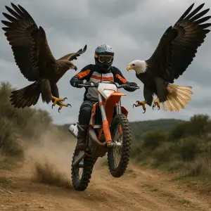 enduro motorkář projízdí po zadním kole, z obou stran před motorkářem přilétají obří dravci s roztaženými křídly a drápy