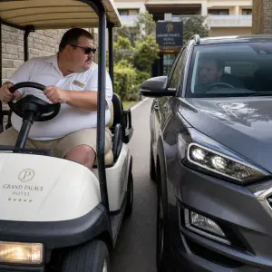 tlustý řidič ve vozítku z hotelu který míjí řidiče v Hunday Tucson a mají mezeru půl metru