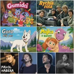 Vytvoř kolekci obrázků ze seriálů Gumídci, Rychlá rota, Goro bílý pes, Majka z Gurunu, Pavol Habera