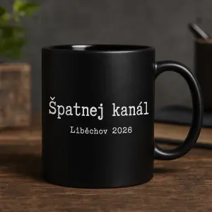Na černý hrnek chci styl ala citát. Bílý nápis “Špatnej kanál” a pod to Liběchov 2026