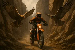 enduro motorkář projízdí soutězkou skal, z obou stran před motorkářem přilétají draví ptáci dravci s roztaženými křídly