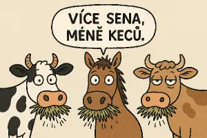 vtipná skupina min. 3 ks ks jak baští seno nebo trávu a nad nimi bublina, co si myslí: Více sena, méně keců