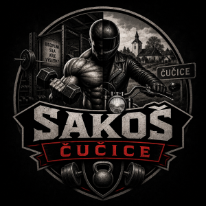 Motiv ve kterém bude logo s motivem posilovny a motorkáře se jménem Sakoš a názvem obce Čučice