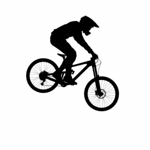 Obrys z boku letícího cyklisty z hor dolů v černé barvě
