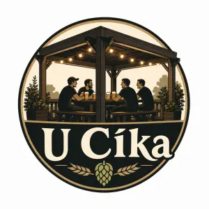 Logo se čtvercovou pergolou, které slouží jako posezení s přáteli u piva. A jmenuje se to "U Cíka"