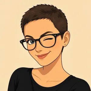 Zena s brylemi a s velmi kratkymi vlasy mrkajici jednim okem jako kreslenx obrazek