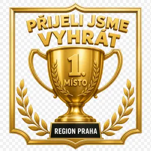 Přijeli jsme vyhrát, pohár s 1. místem, dole lem Region Praha, bílý nápis, žádné pozadí, rámování,
