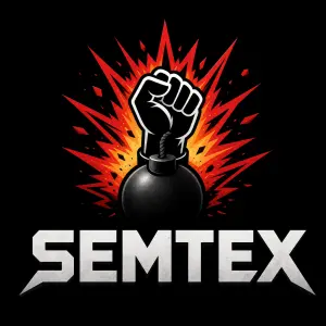Název SEMTEX a nad ním třaskavina s pěstí