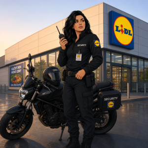 hubena cernovlasa zena security v prodejne LIDL stoji u svoji motorky a chysta se do prace s vysilackou v ruce, kreslena
