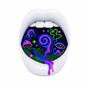 Bily podklad,otevrena pusa v ni trip psychedelic motiv neon modra,ruzova,zelena, nic obycejnyho,nic prehnanyho