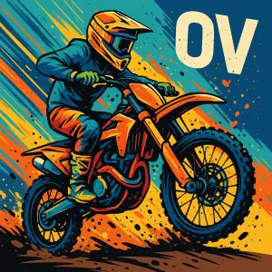 An action motocross rider on a dirt bike, colorful speed lines and paint splatters, dynamic motion, modern typography ov