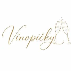 Text "Vínopičky" vyvedený psacím fontem a k tomu zakomponovaná silueta dvou sklenic na šampaňské