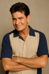 Charlie Sheen ze sitcomu Dva a půl chlapa, jeho typický pohled a postoj, jen do půl těla, lehce šibalský úsměv