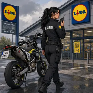 hubena cernovlasa zena security, prodejna LIDL, stoji u svoji supermoto motorky jde do prace, vysilacka v ruce, kreslena