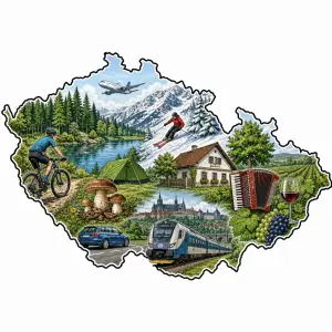 Obrys mapy ČR. Cyklistika lyžování, hory, sníh, lesy, voda, stan, hřiby, harmonika, víno, dům, auto, letadlo, vlak