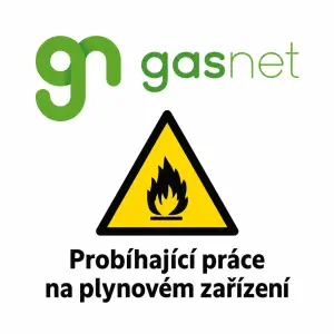 logo firmy gasnet a pod tím výstražný trojúhelník s nápisem: Probíhající práce na plynovém zařízení