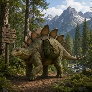 Stegosaurus s batůžkem, který je v lese s jsou tam i hory.
