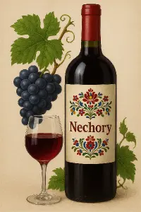 Sklenička nebo lahev vína s nápisem Nechory, ornament z moravského Slovácka - Podluží, listy révy viné, hrozen