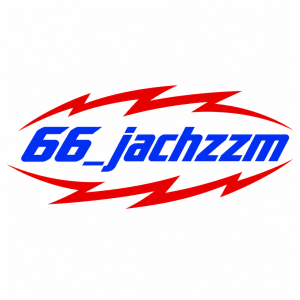 Text modrou barvou 66_jachzzm a kolem červený blesk jako na závodní helmě