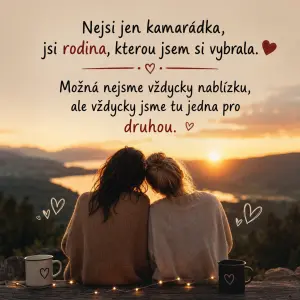 Nejsi jen kamarádka,
jsi rodina, kterou jsem si vybrala. ❤️
Možná nejsme vždycky nablízku,
ale vždycky jsme tu jedna pro