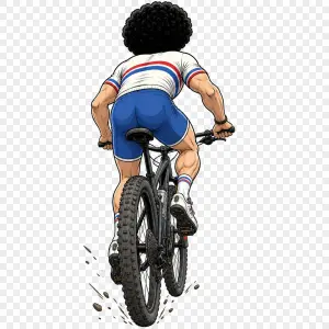 Animace komiks, humorný běloch , sportovec s afro parukou, jede na kole, hory,obrázek zezadu bez pozadi