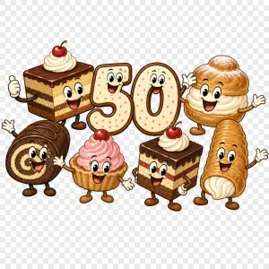 Skupina rozesmátých retro zákusků a sladkostí s číslovkou 50, cartoon, bez barevného pozadí