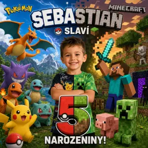 chtěla bych tam syna sebastiana který oslavuje 5 narozeniny v tématu z půlky pokemon a z půlky minecraft