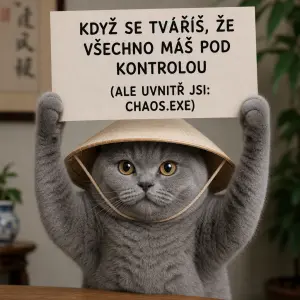 Britská šedivá kočička s vietnamským kloboukem na hlavě co má dvě (přední packy) nahoře aby mohla udělat meme "67"